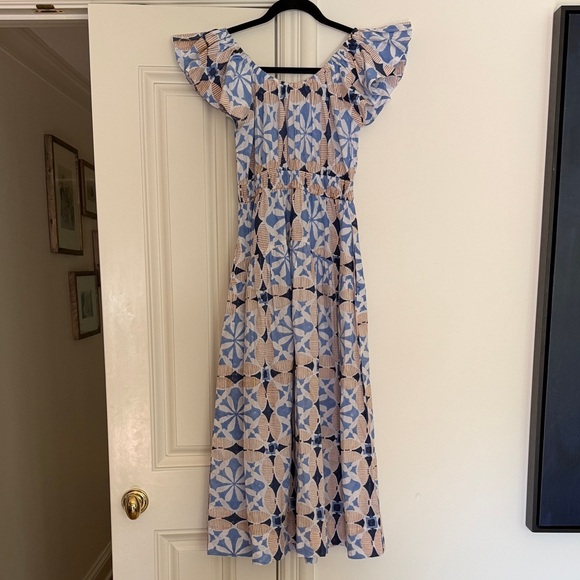 Marea By Liz Joy Dresses & Skirts - Marea Blue and Beige Tile Block Print Off-Shoulder Midi Dress